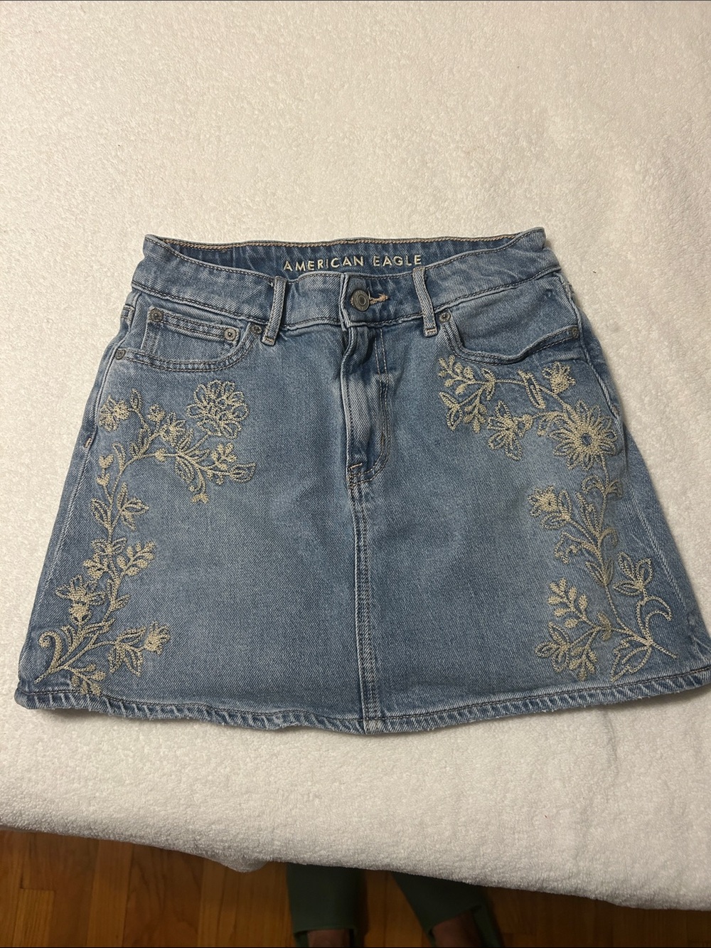 American Eagle Outfitters Light Blue Denim Embroidered Mini Skirt